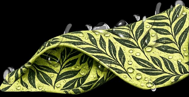 Tela verde con estampado de hojas y gotas de agua.