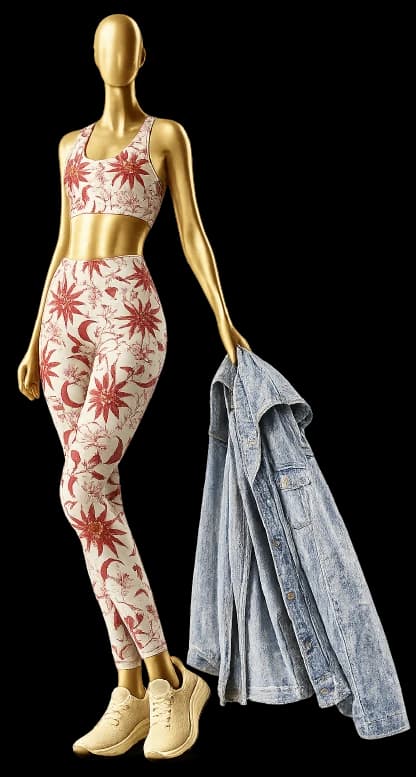 Maniquí con conjunto estampado y chaqueta de denim